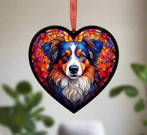 Australian Shepherd Stained Glass Effect Heart Suncatcher